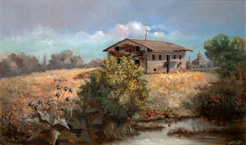 This painting shows Sutter's fort as it appeared around 1895, with a creek, bushed and thistles in the foreground.